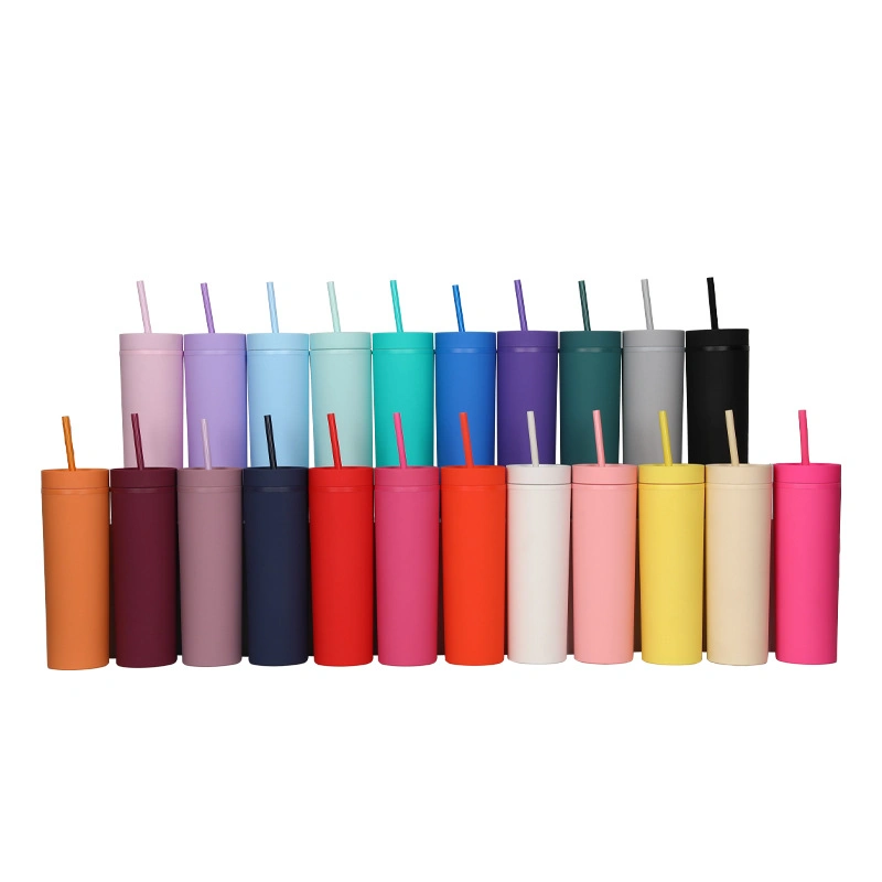 Double Wall Skinny Tumbler 16oz Plastic Tumbler with Straw