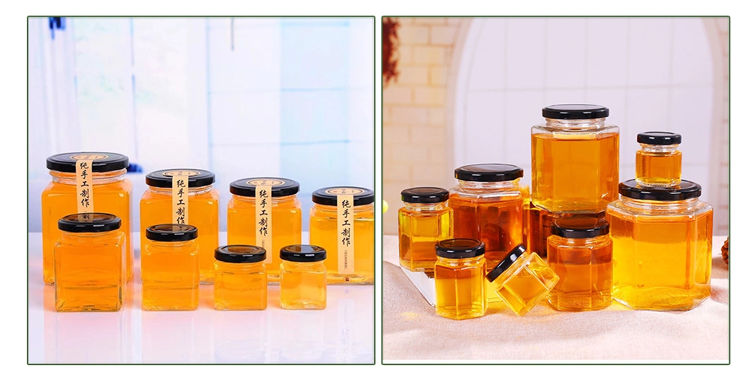 China Hexagon, Square, Round Glass Jar Manufacturer for Honey/Jam/Pickle/Coffee/Candle/Mason/Pudding/Yogurt/Tea//Grain/Pasta/Snack/Tea/Nuts/Kitchen Food Storage